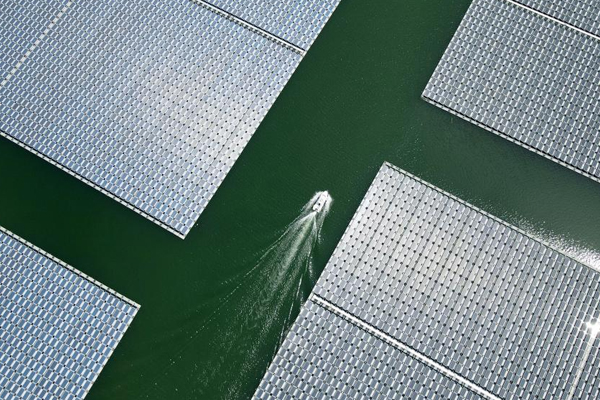 View of Maowei floating photovoltaic power station on water in east Chinas Anhui